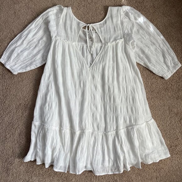American Eagle Womens M Textured Cotton Bohemian Tiered Ruffle Mini Dress White - Picture 6 of 6